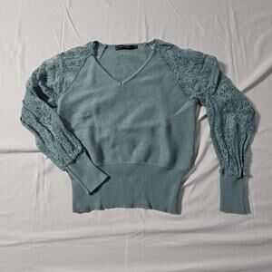 Merokeety Lace Sleeve Sweater Womens Small Green Knit Ribbed V-Neck Sweater
